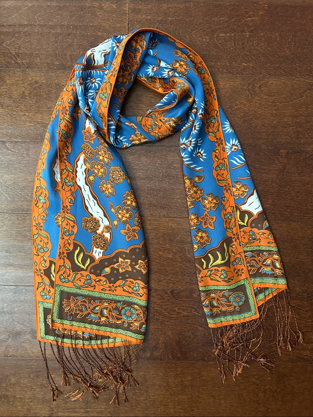 Novica Blue and Orange Silky Floral Scarf with Tassels